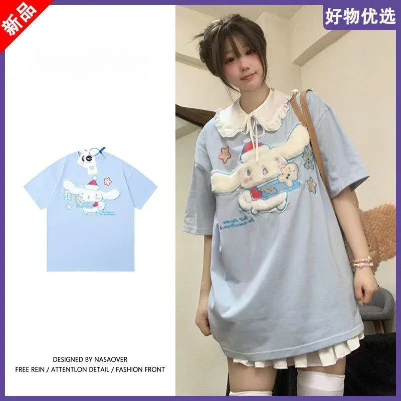 

Sanrio аниме Cinnamoroll Kawaii Salt Style милый стиль футболка из чистого хлопка с короткими рукавами женская забавная нишевая одежда с вышивкой для пар