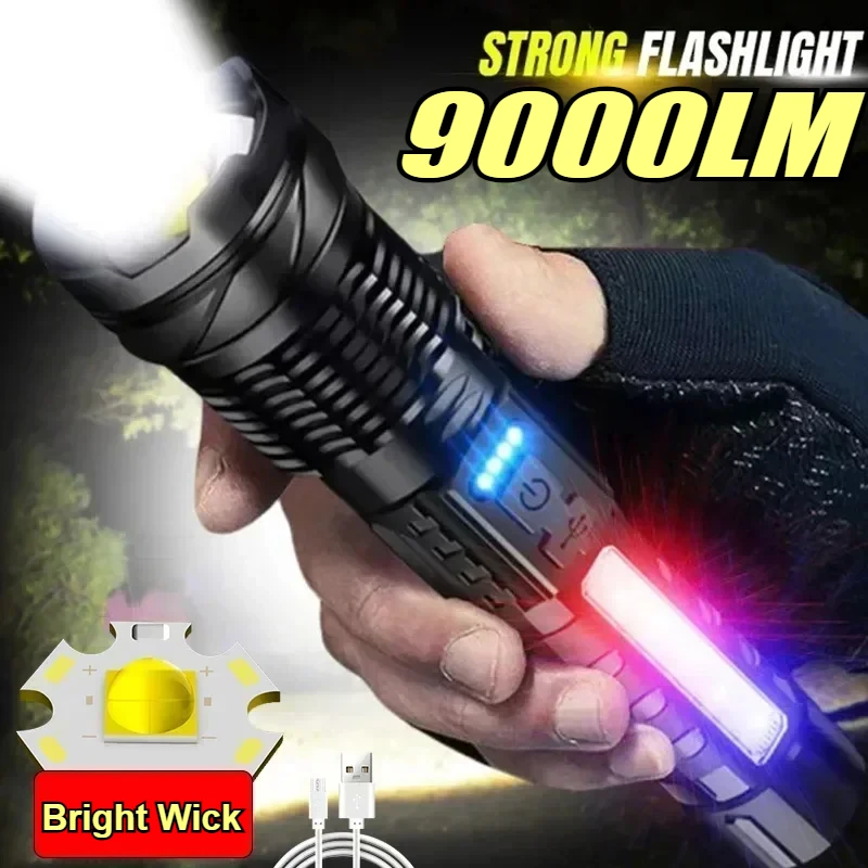 

High Strong Power Led Flashlights Red/Blue Side Light Zoom Spotlights Built-in Battery USB Rechargeable Emergency Camping Torch