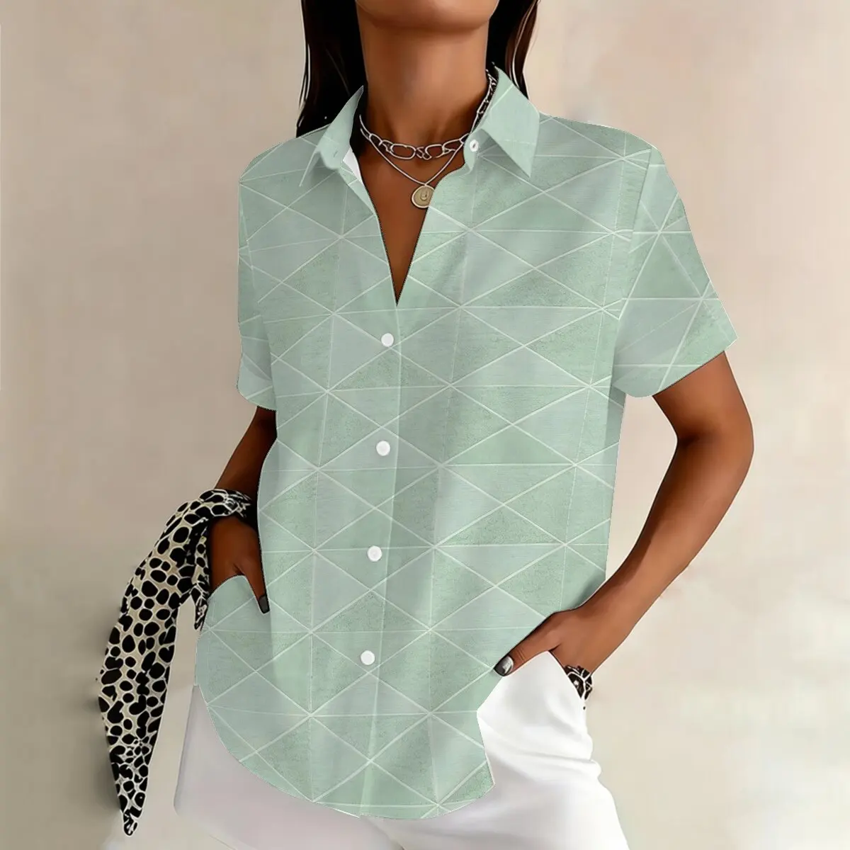 

Minimalist and personalized line printed women's summer collar short sleeved shirt, fashionable and versatile daily top