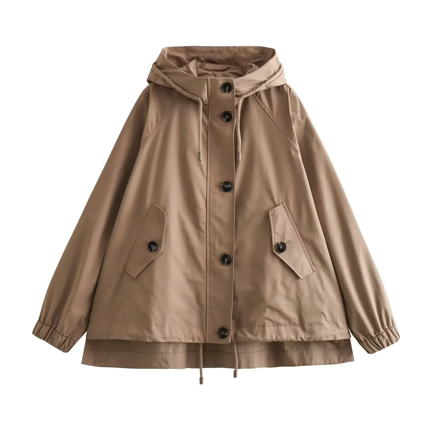 Maxdutti Fashion Khaki Cargo Autumn/Winter Coat Loose Boyfriend Style Hooded Drawstring Zipper Bomber Jacket Women