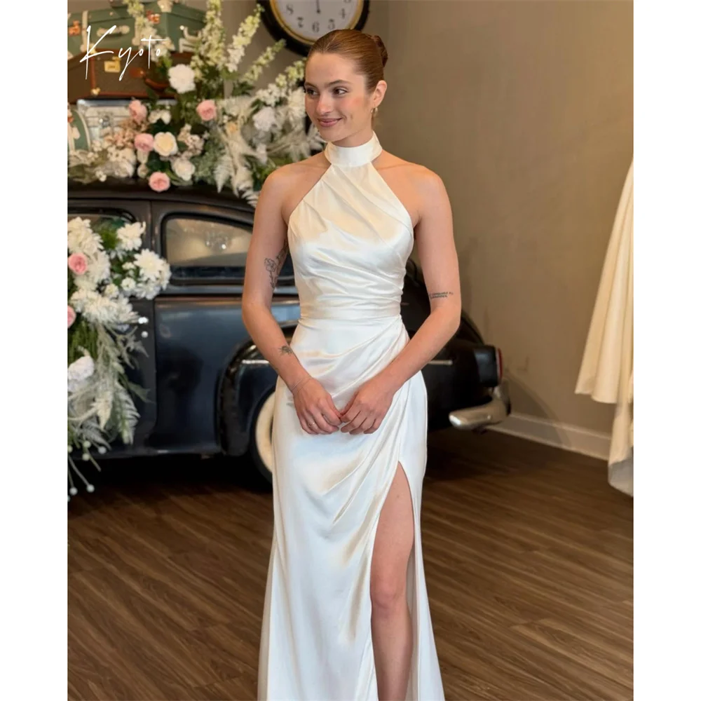 

Kyoto Customized Sheath Pleats White Side Split Wedding Dress Halter Neck vestidos de novia Long Train Formal Evening Dress 2025