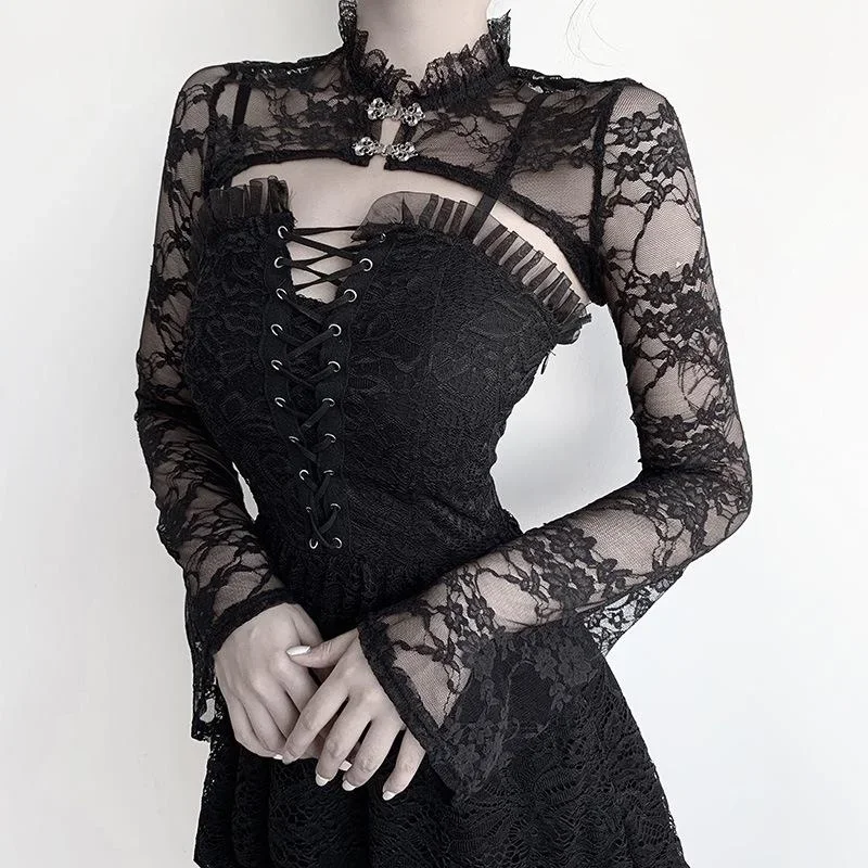 Vintage Dark Gothic Lace Mesh Long Flare Sleeve Overlay Turtleneck Covers Grunge Aesthetic Black Tops Streetwear for Women Egirl