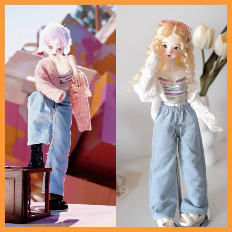 

1/3 1/4 Scale Rainbow Colored Camisole Vest Knitted Tie Cardigan Corduroy Wide Leg Pants Set Fit BJD Action Figure Model Toys