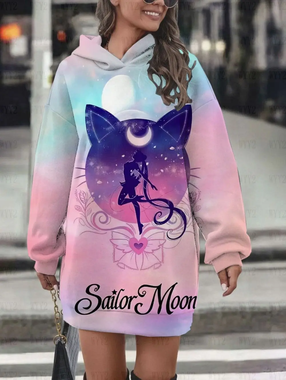 Cute sweet mid-length sweater dress Sailor Moon print casual age-reducing long sleeve Korean fashion hoodie dress