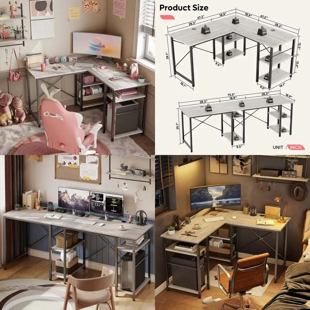 

75 Inch L-Shaped Desk with Shelves, Reversible Corner Computer Desk for Home Office or Study Area