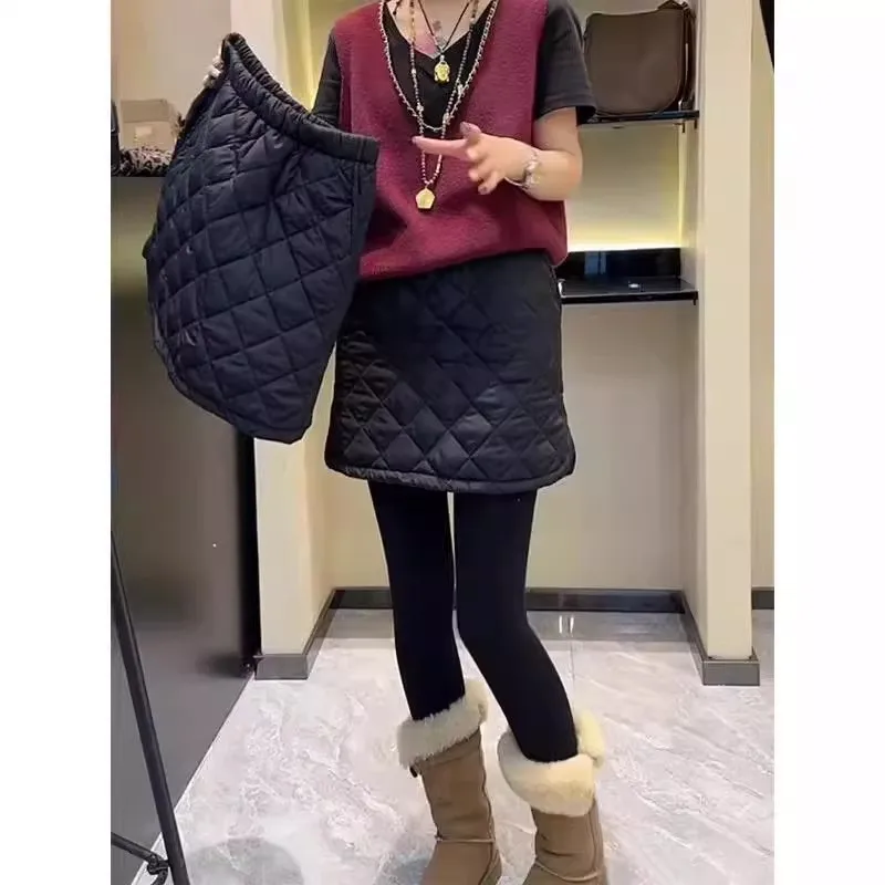 تنورة قطنية قصيرة للسيدات بخصر مرتفع وتصميم كاجوال مع شقوق على الجانبين للخريف والشتاء، أنيقة ودافئة