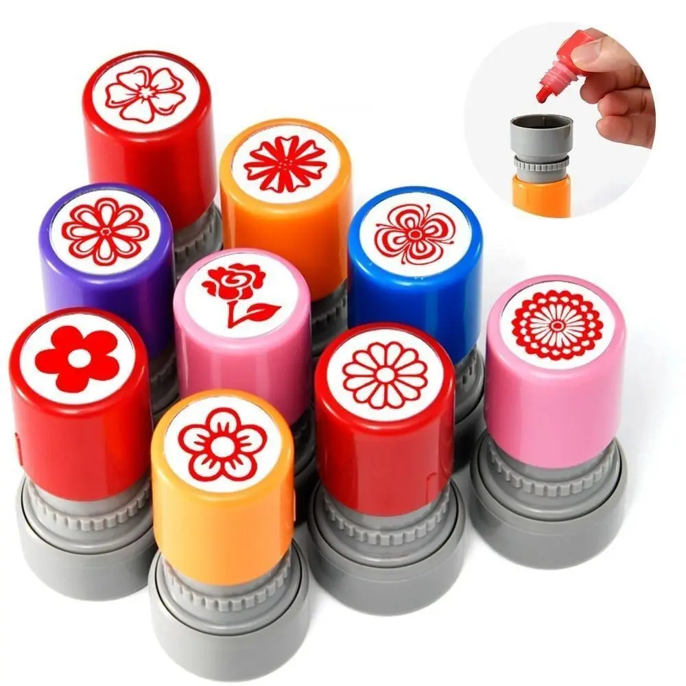 Portable Plastic Flower Stamp Handcraft Random DIY Drawing Toy Cartoon Self Inking Teacher Review Stamp