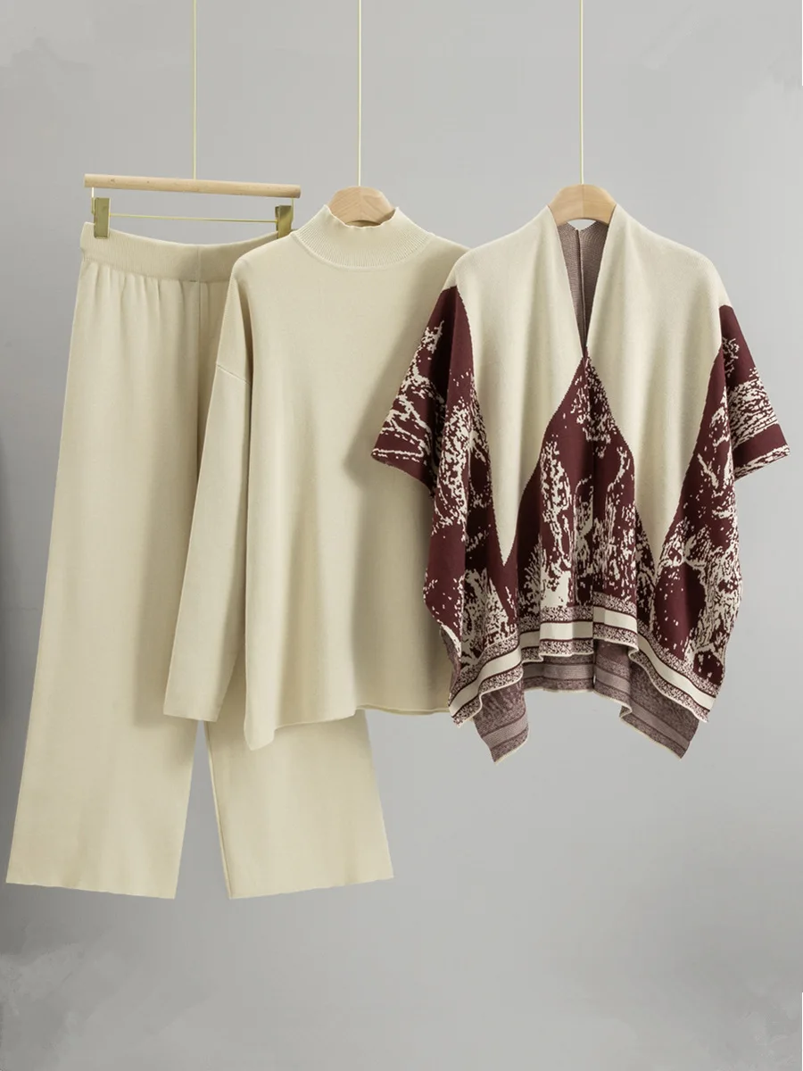 여성 캐주얼 니트 3 피스 세트 한국어 하프 터틀넥 스웨터 탑 프린트 숄 Conjuntos 하이 웨이스트 스트레이트 팬츠 복장 New