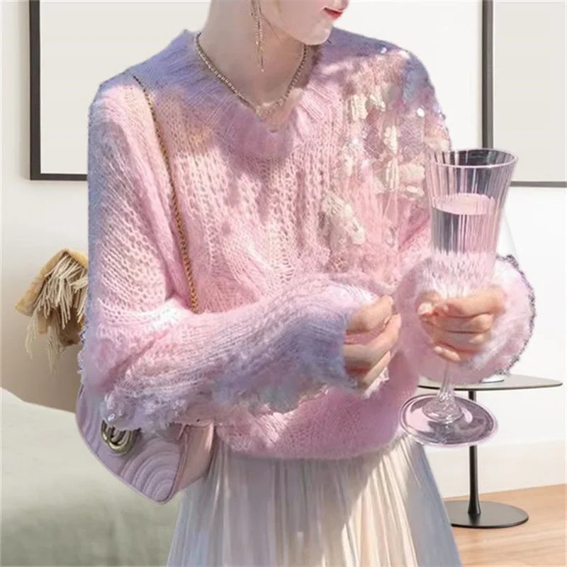 Stylish Solid Color Spliced Sequined Asymmetrical Sweater Female Clothing 2022 Autumn New Casual Pullovers All-match Sweet Tops