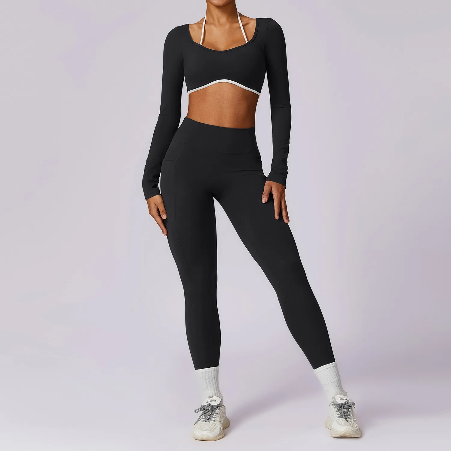 

2 Pieces Women Tracksuit Yoga Set Workout Sportswear Gym Clothing Fitness Long Sleeve Crop Top High Waist Leggings Sports Suits