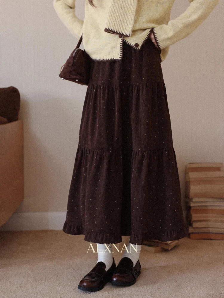 ALXNAN Vintage Spódnice w Grochy z Elastyczną Gumką w Pasie, Luźne Spódnice w Kształcie Litery A, Modne Spódnice Warstwowe, Kolekcja Jesień Zima 2025, Odzież Damska L59505