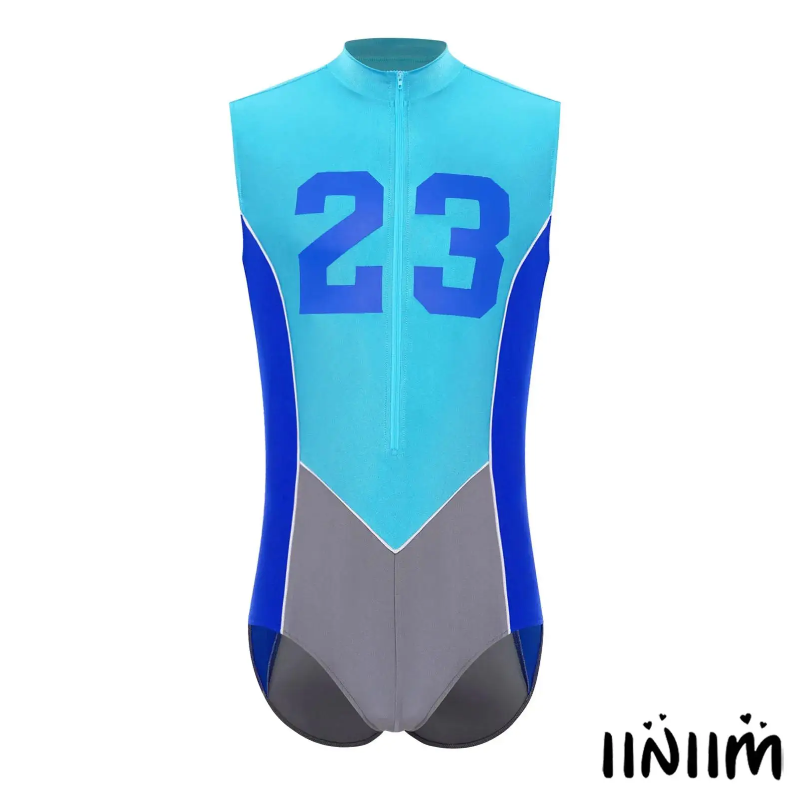 Men Sleeveless Front Zipper Number Printed Color Block Patchwork Leotard for Cycling Swimming Running Workout Exercise