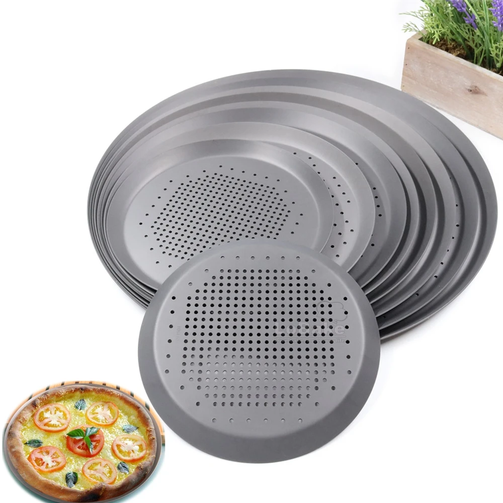 Various 6.5 to 15 Inches Nonstick Hard Film Aluminium Round Pizza Pan Pancake Pie Mold Plate with Punching Leaky Holes DIY Bake