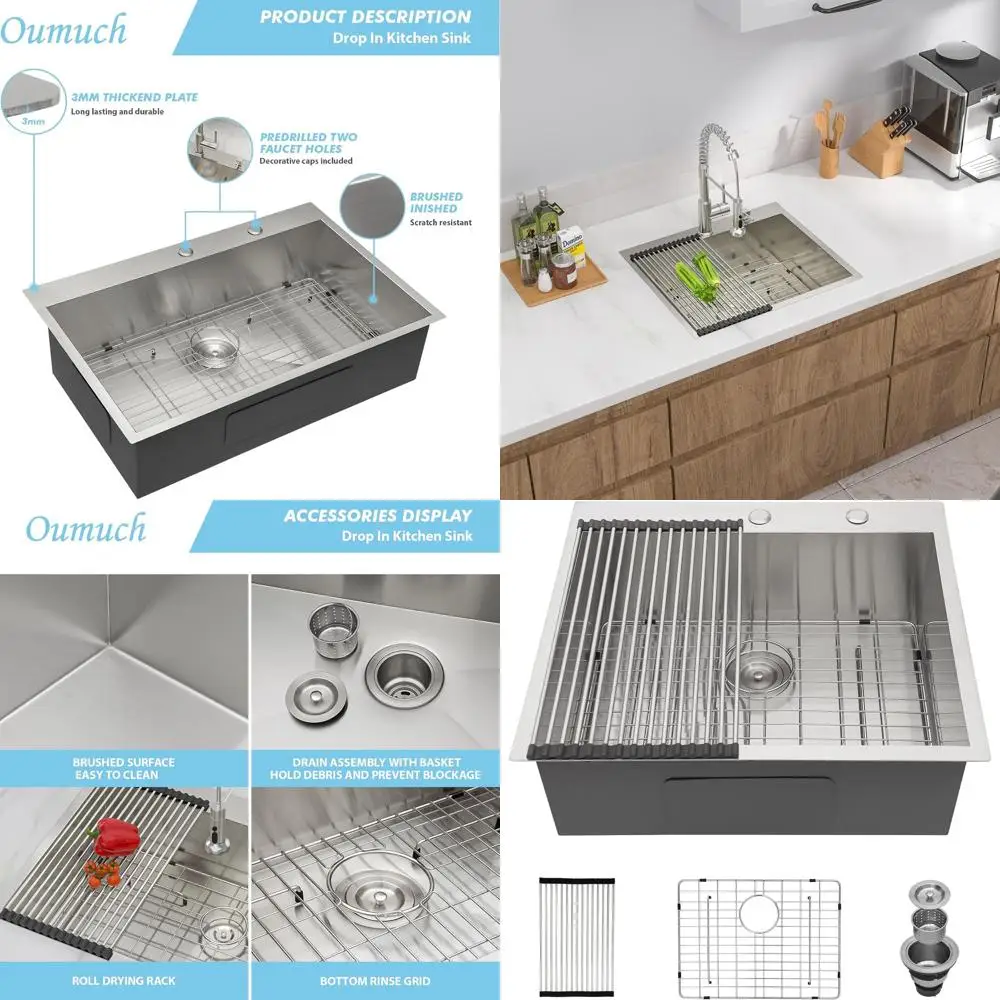 

25 Stainless Steel Drop-In Sink, 18 Gauge, 25x22 Single Bowl, 9 Deep for Kitchen or Laundry