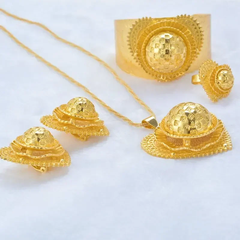 Shamty Heart-Shaped Ethiopian Sets Jewelry For Women Habasha Style Wedding Pure Gold Color Set African A300057