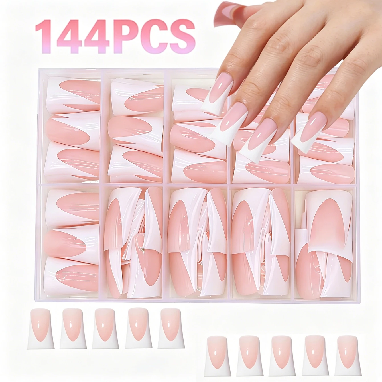 144Pcs Artificial Nail Sets, Featuring French Design (Nude Pink - White), Duck-Foot Shape