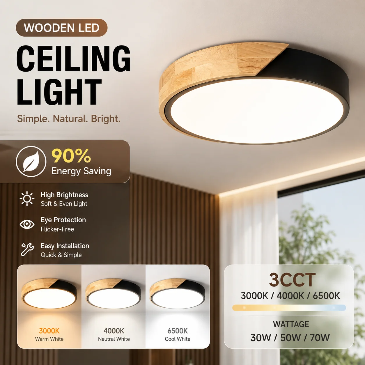 Modern LED Ceiling Light Wood For Room Decor Dimming Led Panel Light Bedroom Corridor Nordic 3-Color Ceiling Lamp AC185-220V