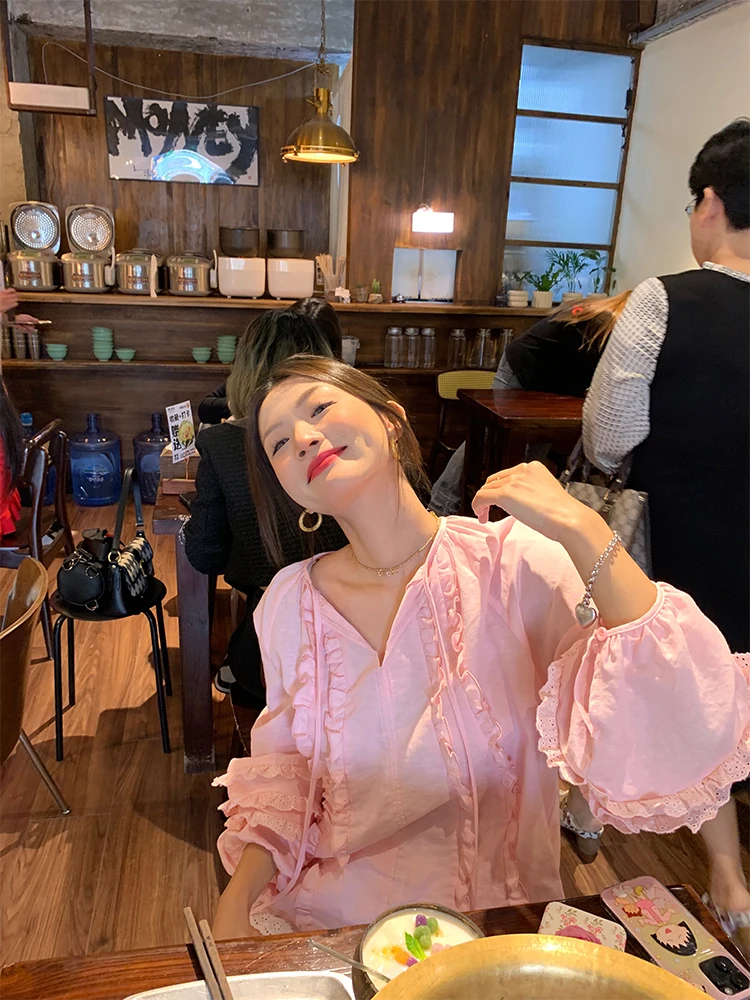 

Women's Summer Cotton Linen irt Loose Overhead Design Korean Sle Long Sve V-Ne Pure Color Korean Version Top