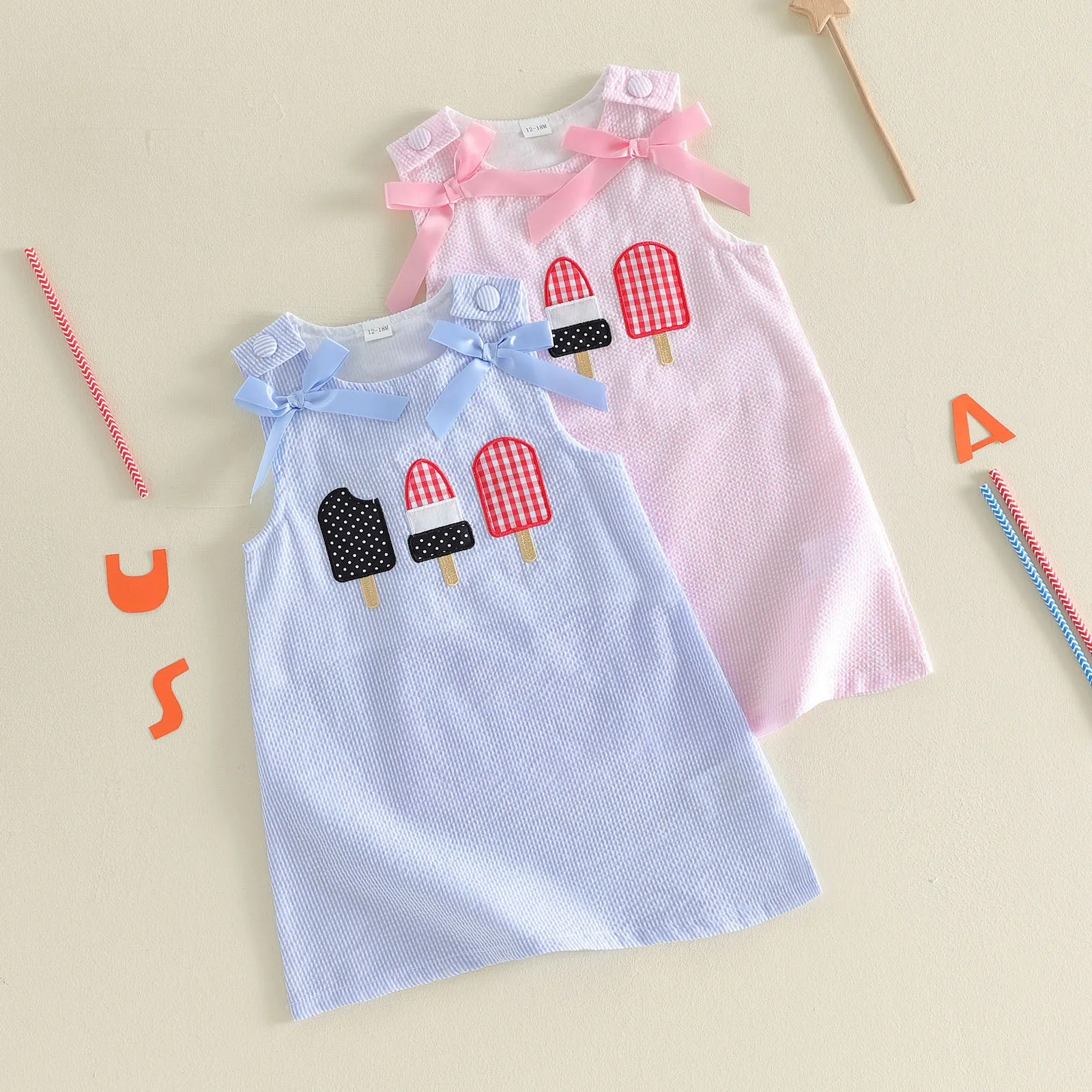 4th of July Dress for Toddler Baby Girl Sleeveless Crew Neck Popsicle Embroidery Bow Decor A Line Patriotic Dress 1-5Y