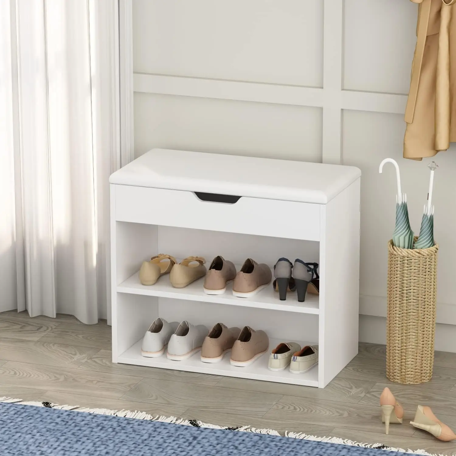 

Storage Bench With Flip-Up Door & 3 Compartments, Modern Entryway Bench With Padded Cushion, Wooden Shoe Bench Shoe Ra For