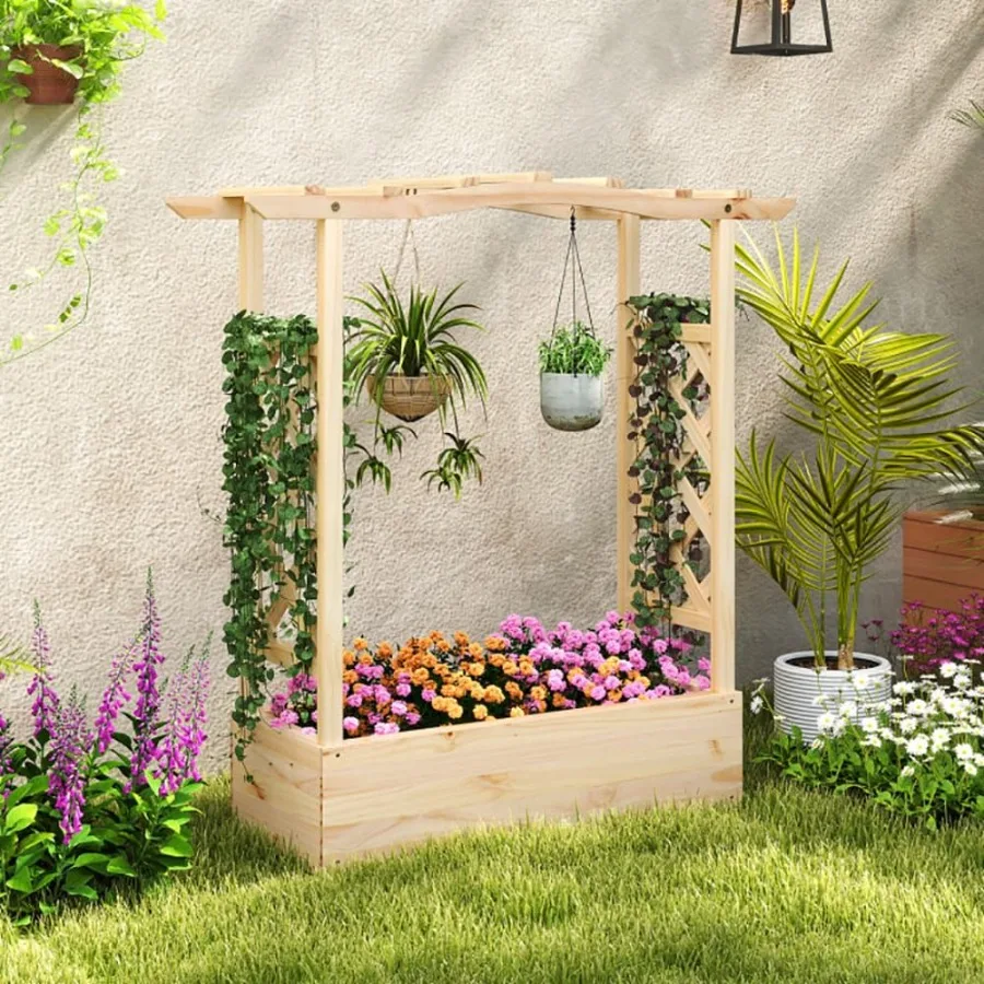

Wooden Raised Garden Bed Planter Box with Trellis and Hanging Roof