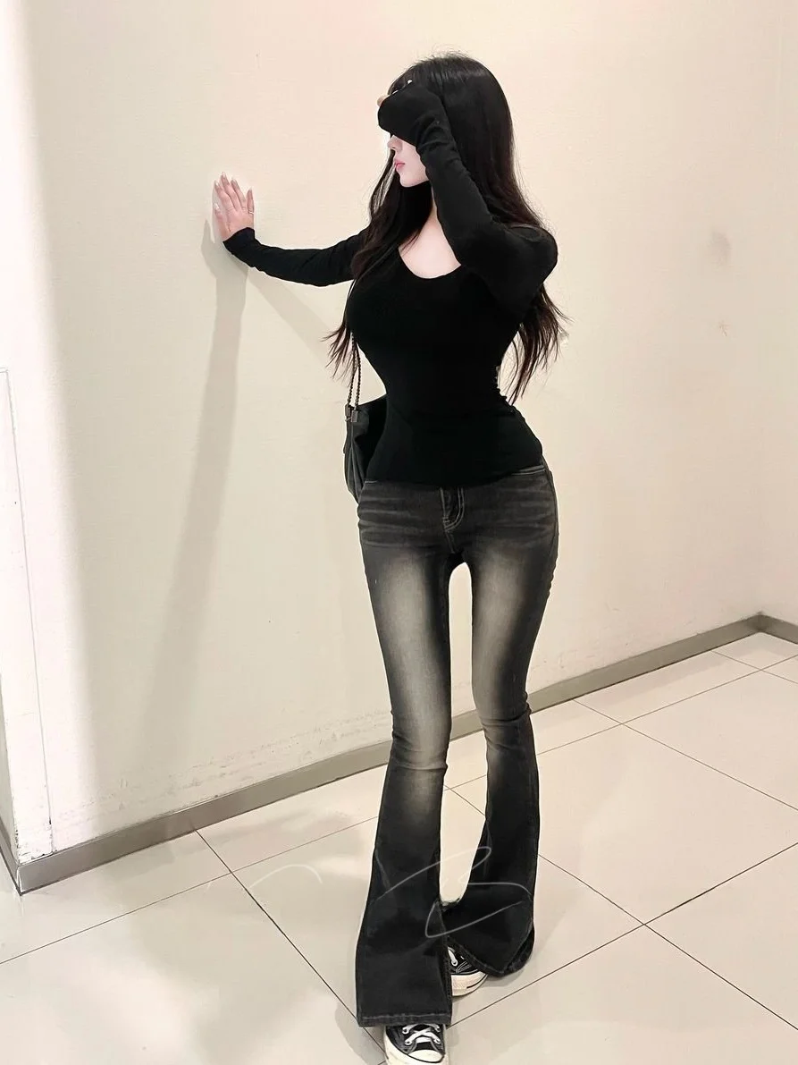 

Модные женские джинсы-клеш с высокой талией, двойной застежкой и облегающим кроем, из высокоэластичного хлопкового денима, осенне-зимние, в корейском стиле