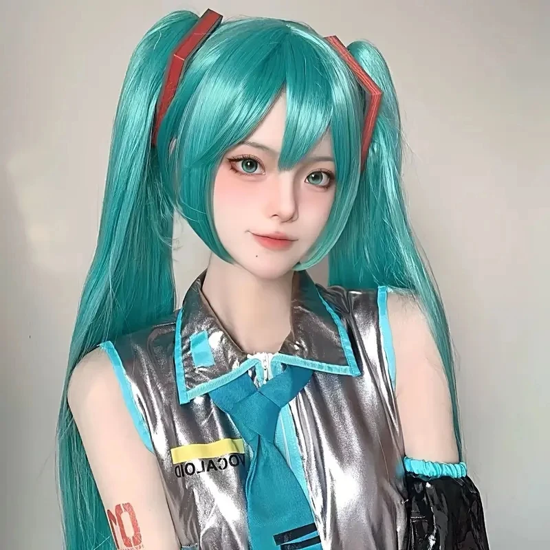 

Synthetic medium-length blue mixed straight hair role-playing wig, featuring a double-curled ponytail,