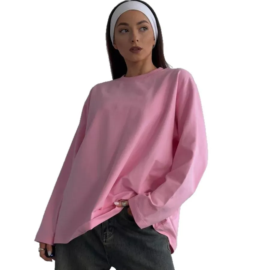 Round Neck Casual Top Mid Length Japanese Korean Casual with Crew Neck Loose Fit T Shirt Autumn Heat Set Finish Women T Shirts