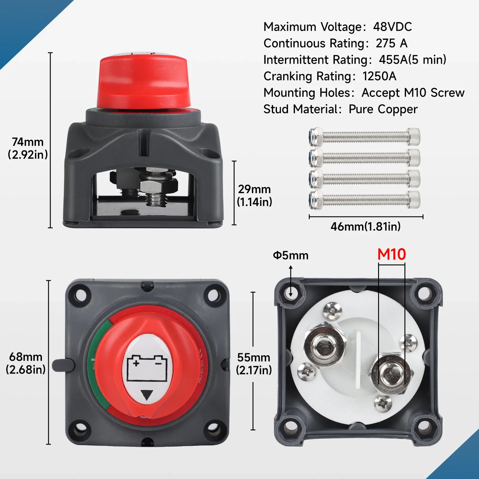 Isolator Disconnect Switch Power Cut Off Kill Rotary Switch For Car Vehicle RV Marine Boat 12V - 48V 300A 2 Position Battery