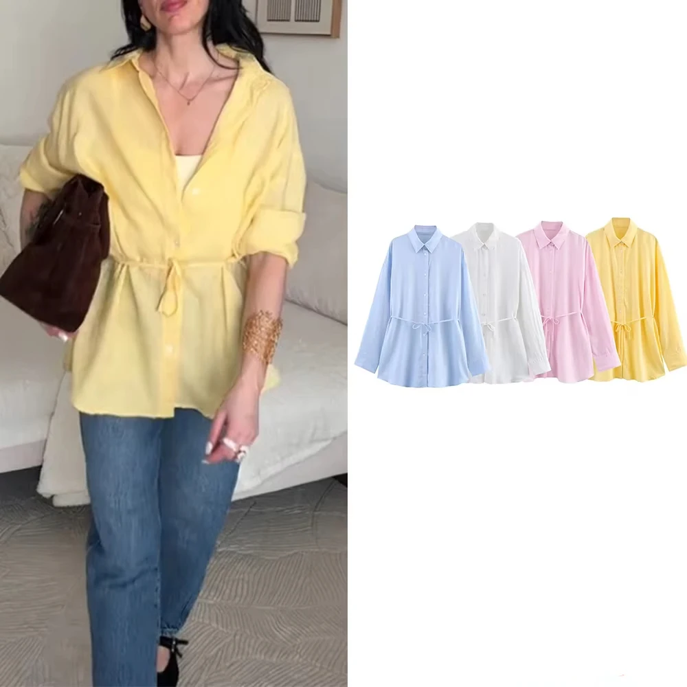 

Casual Loose Shirt Women Elegant Solid Turndown Collar Lace-up Long Sleeve Blouse 2025 New Summer Office Single Breasted Shirts