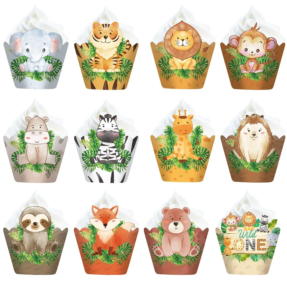 Wild Animals Party DIY Cartoon Tinger Lion Monkey Cupcake Rim Baby Wild One Birthday Party Jungle Safari Kids Birthday Supplies