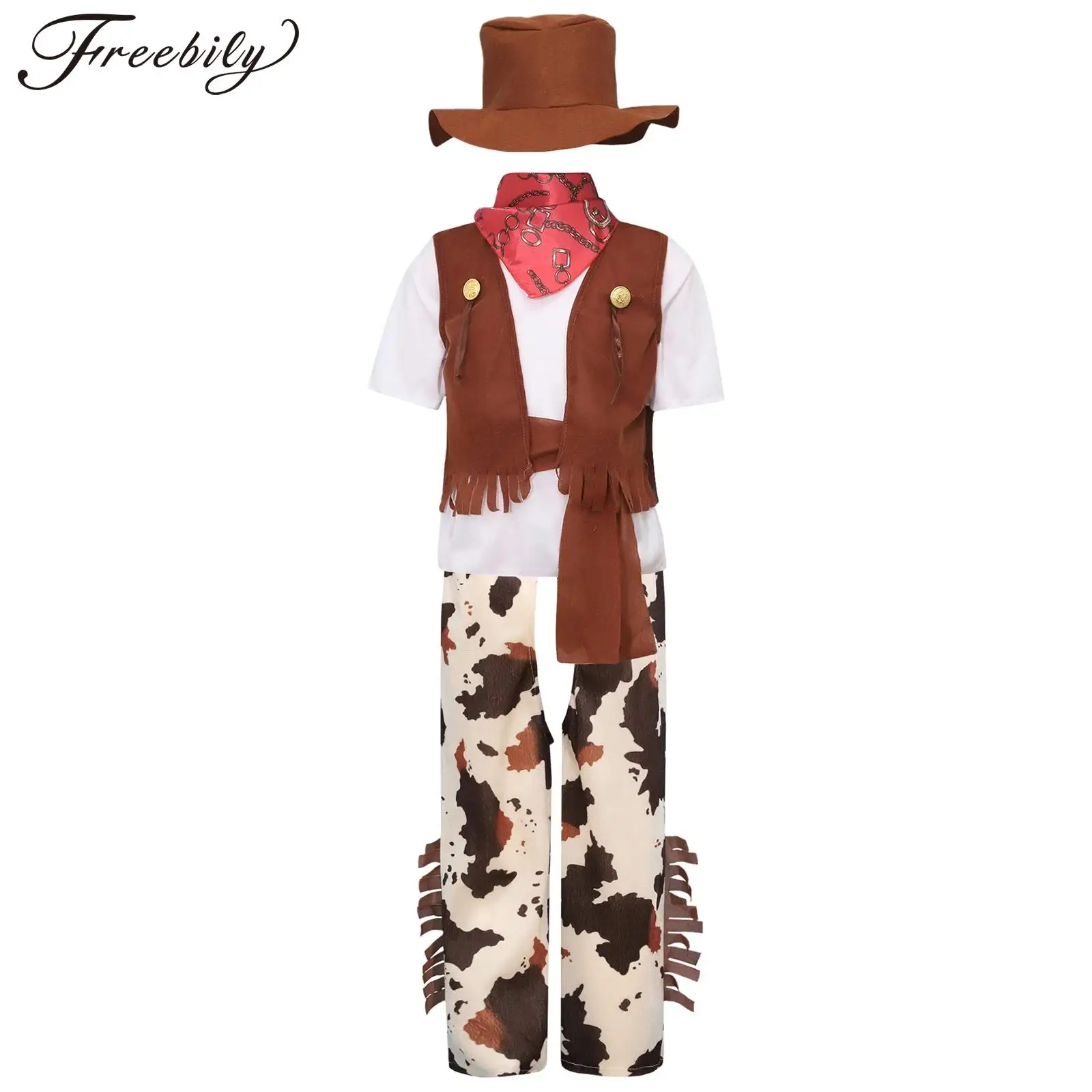 Boys Halloween Western Cowboy Cosplay Costume Short Sleeve T-shirt with Pants Vest Hat Bandana Belt Set for Theme Party Carnival