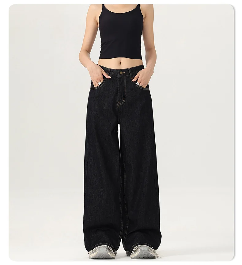 Primavera e outono nova cor básica não desbotada solta e resistente ao desgaste perna reta solta casual perna larga estilo neutro jeans