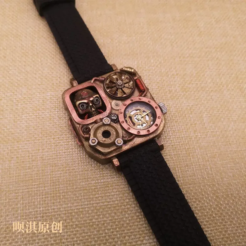Magic CityCopper Steampunk Square Watch Internet celebrity Handmade Original Mechanical Skull Waterproof Personality Trend Watch