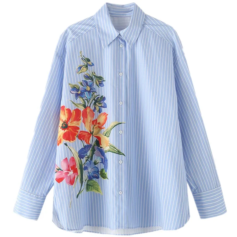 

Faionable Striped Floral Long Sve Turn-down Collar Women's irt Versatile Autumn New Arrival Loose Fit Premium Quali
