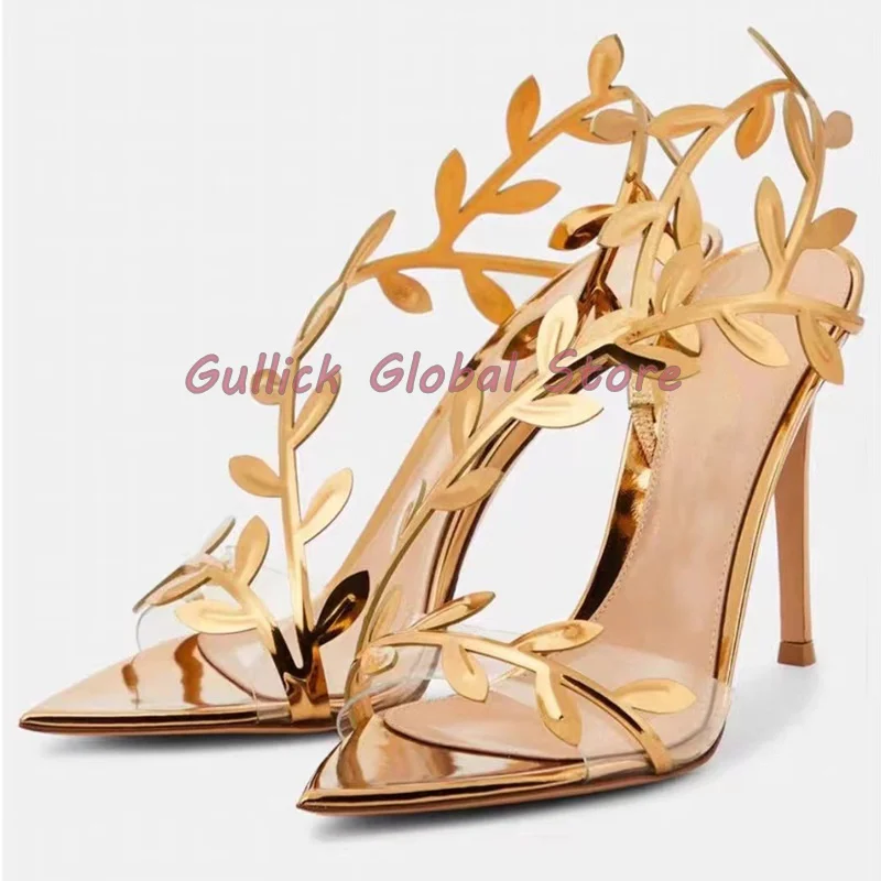 2024 New Arrival Gold Pointed Toe PVC Band Leaves Decoration Stiletto Sandals Summer Dress Party Wedding Grace Comfortable Cosy