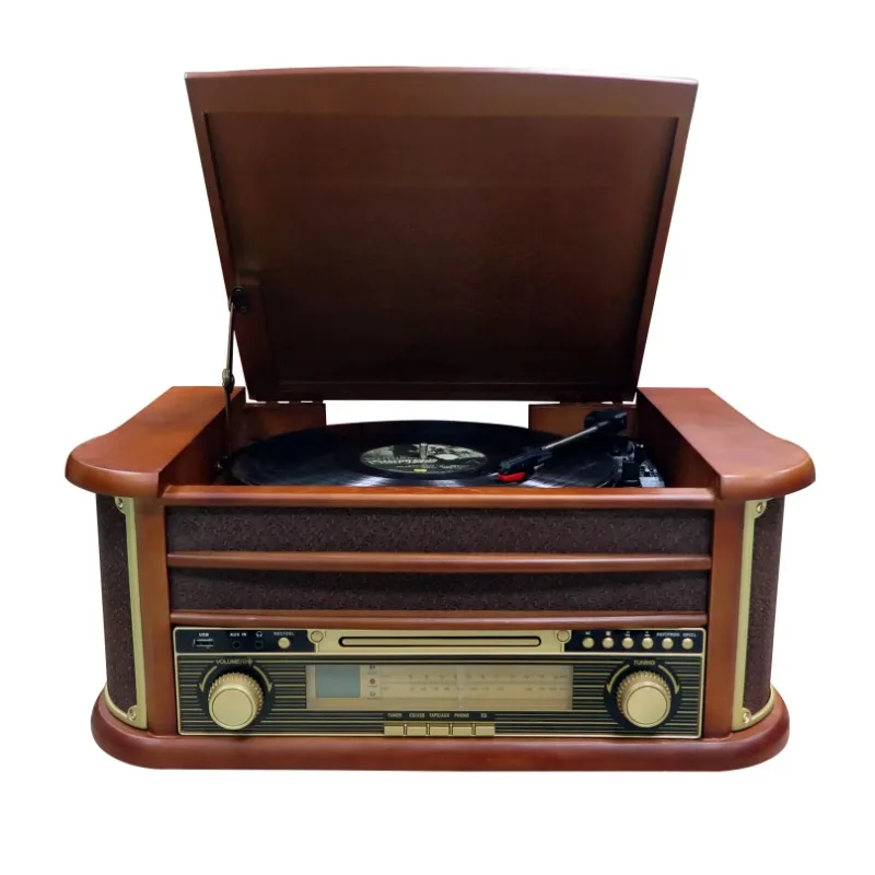 Latest 2024 model Nostalgic AM FM Radio Wooden Turntable Player CD Tape Play Phonograph Vinyl Record  Professional