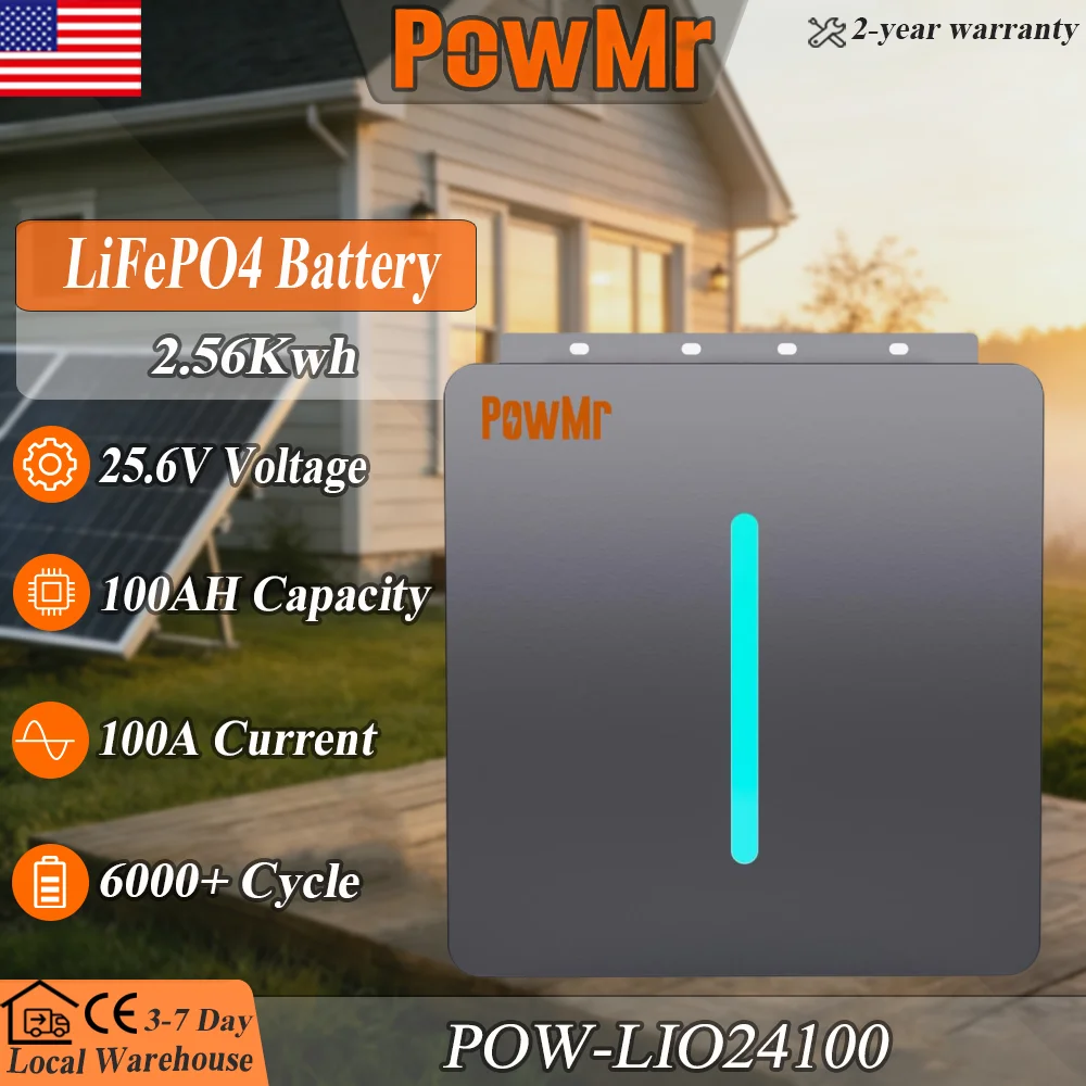 PowMr 2.56kWh LiFePO4 Lithium Battery 25.6V 100Ah Built in Bluetooth 100A Charging Current with Wall Mountable Bracket up to 8 Units in Parallel with Active Cooling and Multiple Protections Ideal for Residential Energy Storage RV Off-Grid Applications