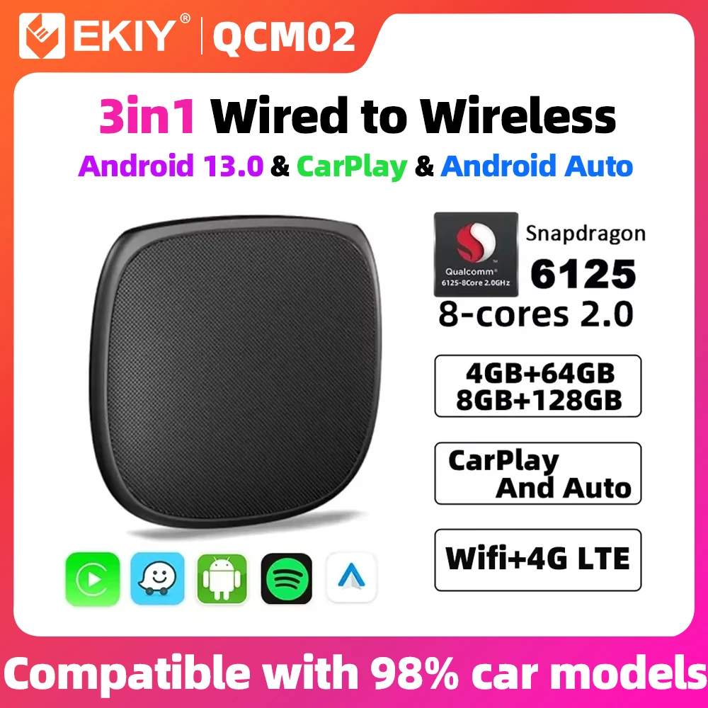 EKIY Wireless CarPlay Android Auto Ai TV Box Android 13.0 Car Intelligent Systems Qualcomm 6125 Chip For Car With Wired CarPlay