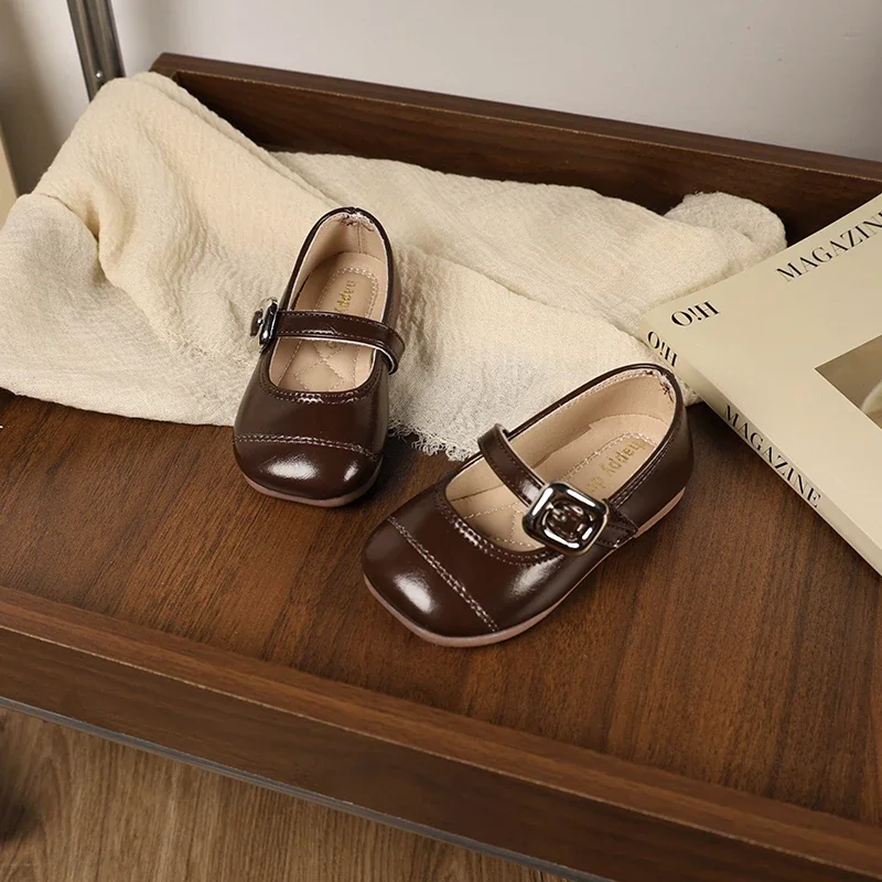 Spring Autumn Children\'s Flats Solid Color Retro Little Girl Leather Shoes Simple Versatile Kids Causal Fashion Shoes Soft Soled