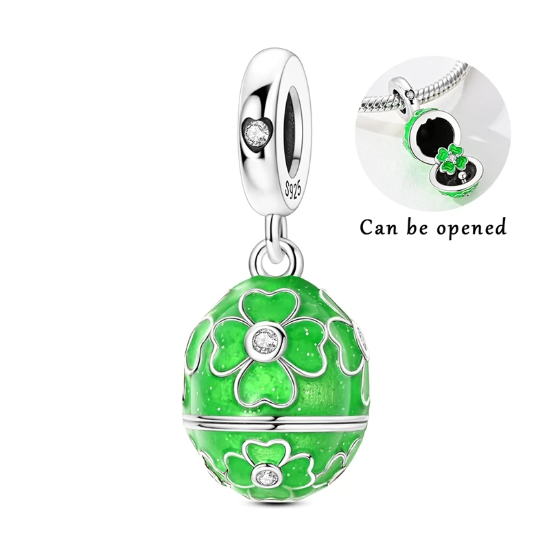 

925 Sterling Silver Charms Bead CZ Zircon Four-Leaf Clover Easter Egg Dangle Fit Original Bracelet DIY Women Jewelry