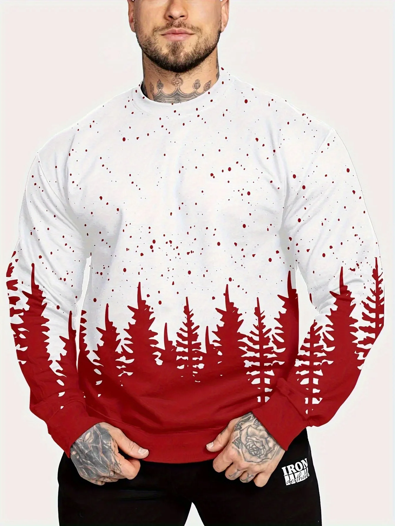 Men Crewneck Polyester Sweatshirt Red Pine Forest Splatter Snow Xmas Pullover
