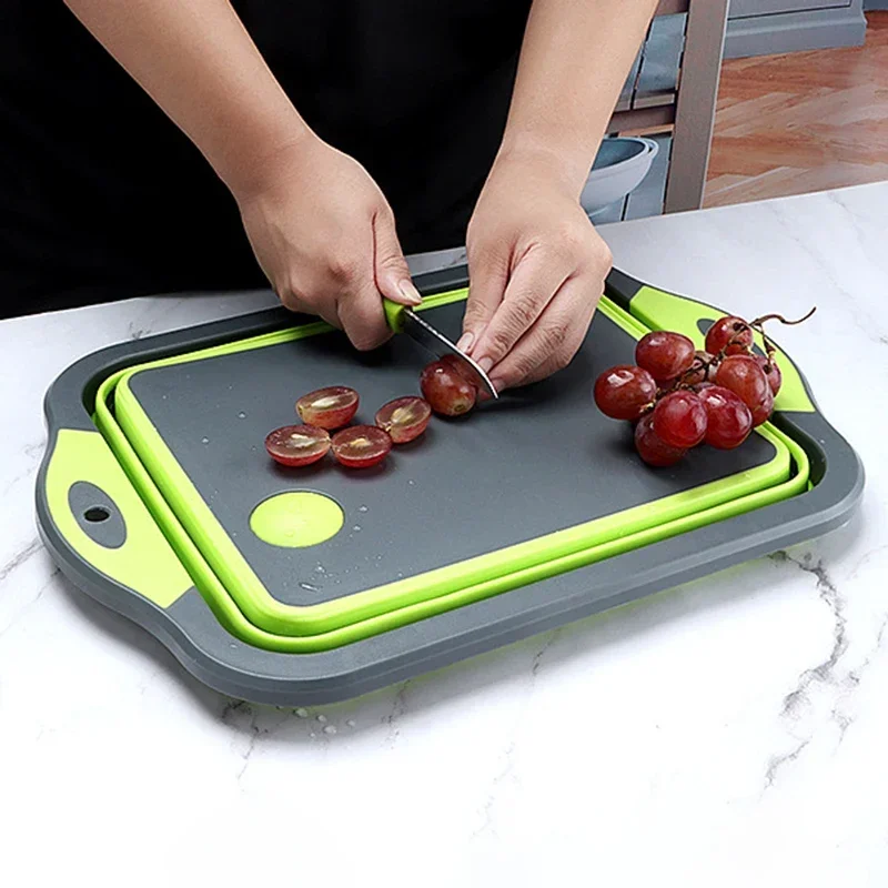 

Collapsible Cutting Board with Colander Multifunction Silicone Folding Chopping Board Dish Basin Basket Drainer Kitchen Storage