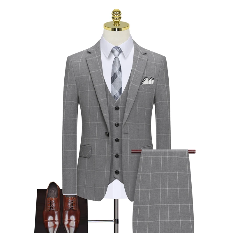 2023High-end wedding suit (Blazer + vest + trousers) Fashion business handsome slim plaid groom wedding three-piece set   M-4XL