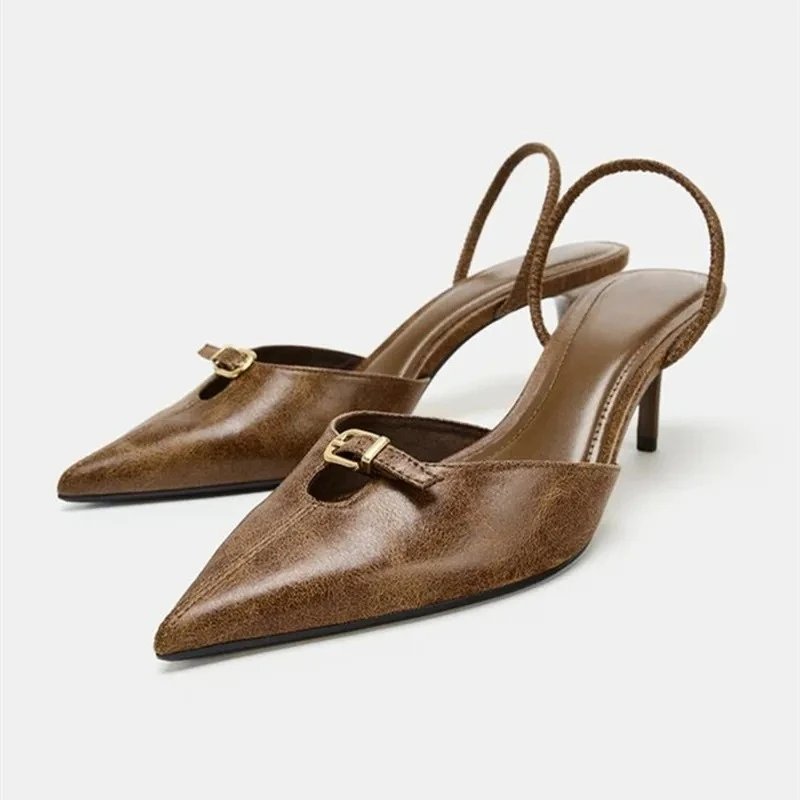 

Retro Brown High Heels Women Fashion Metal Buckle Decoration Brand Designer Shoes Elegant Banquet Dress Shoes Zapatos De Mujer
