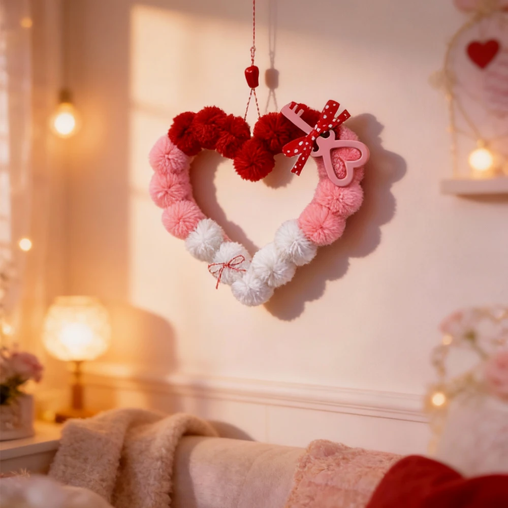 

Heart Shaped Pom Pom Wreath Romantic Valentine Plush Garland Hanging Decoration for Wedding Scenes, Candlelit Dinners, Dates