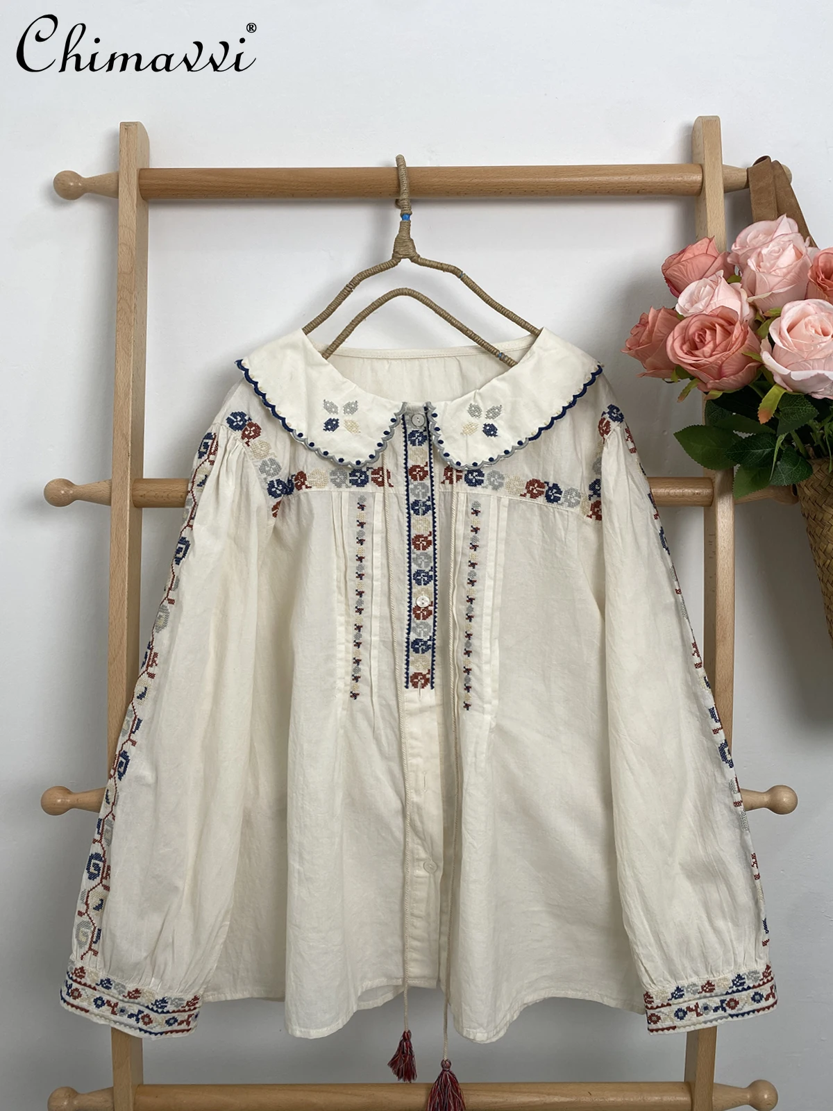 

Women's Y2k Shirt 2024 Spring Summer New Fashion Vintage Single-Breasted Embroidered Blouse Sweet Loose Long Sleeve Lace-up Top