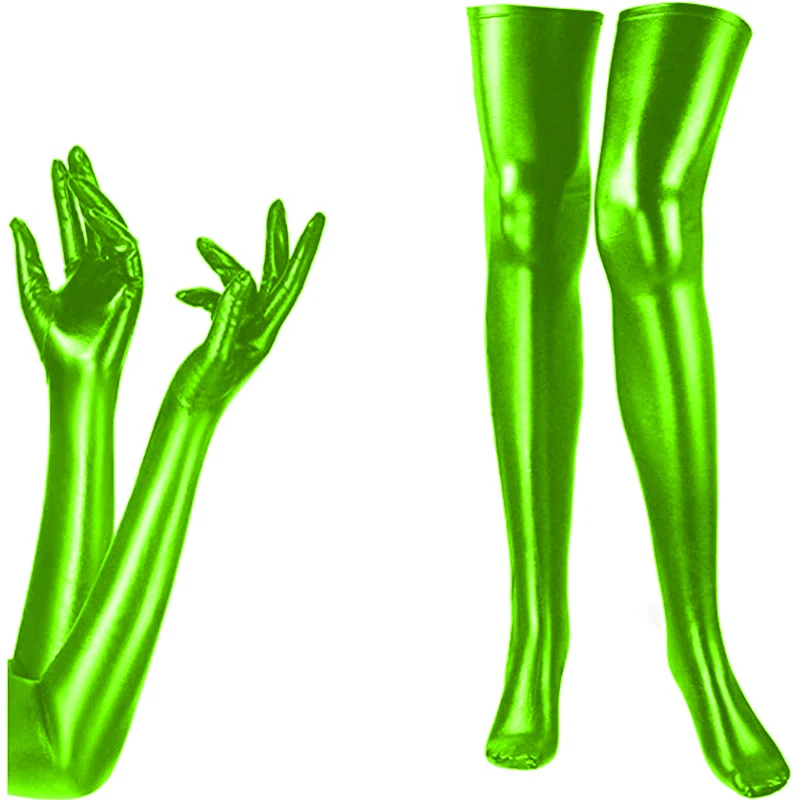 Conjunto de luvas e meias longas sexy para mulheres, cosplay exótico, acessórios de festa, luvas metálicas, meias, couro sintético, roupa de balada