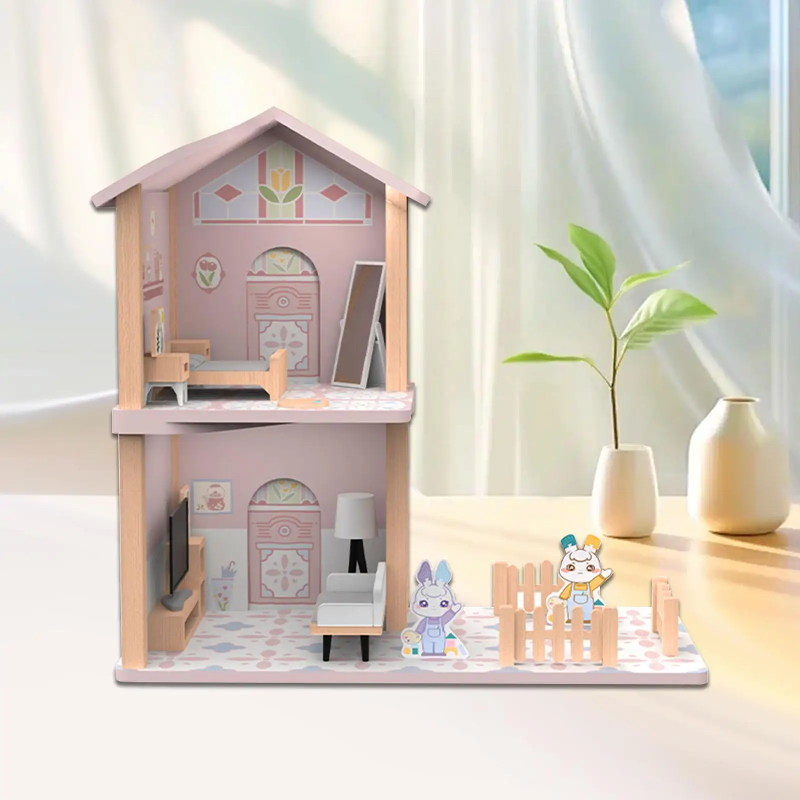 Wooden Doll House 2 Storey Educational Toy Playset Miniature Scene Craft Easy to Assemble Children Gift Toy European Style House