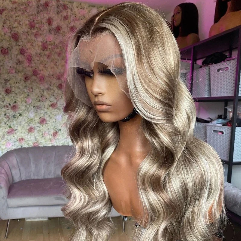 Ombre Asche blond HD Spitze Front Echthaar Perücke vor gezupft 13x4 Körper Welle transparente Perücke 180% Dichte brasilia nischen Remy Haar Perücken